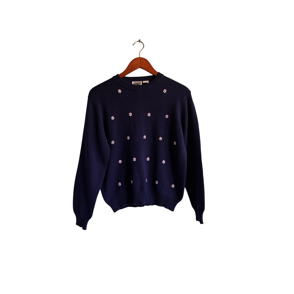 Suburban Petites Vintage Navy Blue Embroidered Floral Knit Sweater Large Petite
